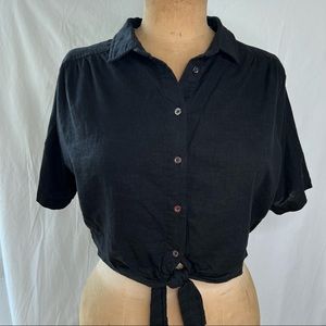 Mod Ref Black Button Down Collar Crop Top Cotton Linen blend